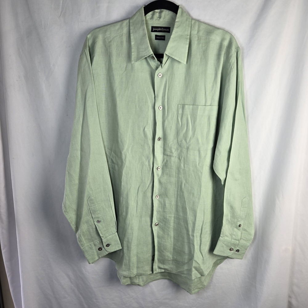 Joseph & Lyman Italian Linen Button Up Shirt Mens Med Green Long Sleeve Office